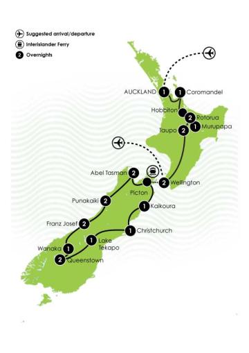Tour Map: 20 Day Legendary New Zealand Tour