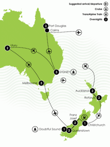 Tour Map 23 Day Iconic Australia & New Zealand